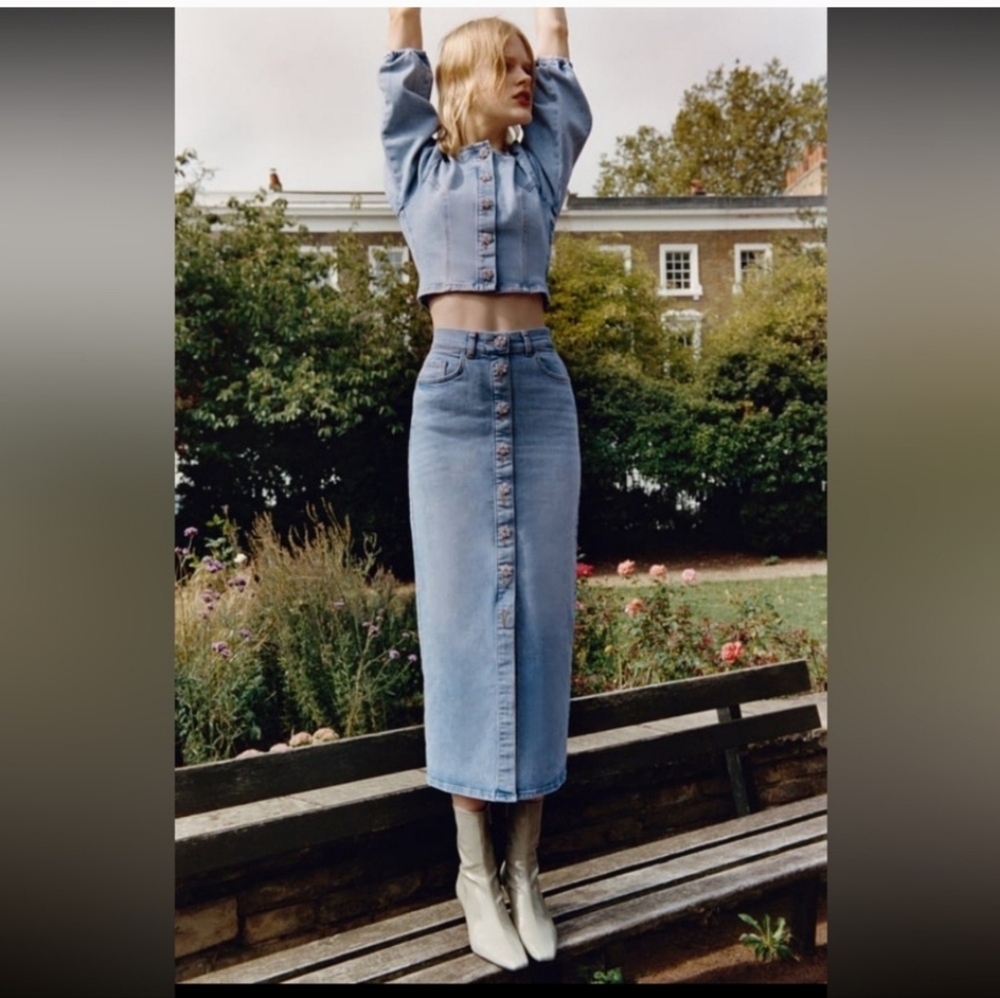 Zara Rhinestone Buttons Jean Top and Skirt Set